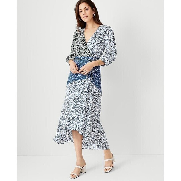 Ann Taylor True Wrap Flare Maxi Dress Lined Boho 3/4 Sleeve Blue 00P Floral